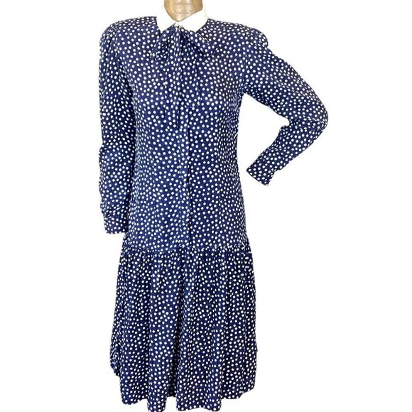 Brooks Brothers 100% Silk Polka Dot Dress 10 Button-Up Drop Waist Tie Neck 277D - Picture 1 of 9
